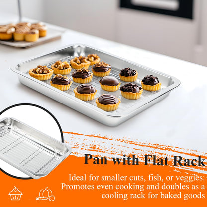 15.5 Inch Turkey Roasting Pan with V-Rack, Stainless Steel Turkey Roaster Pan for Ovens, with V & Flat Rack Meat Claws Brush, Deep Broiling Pan for Turkey Chicken Ham