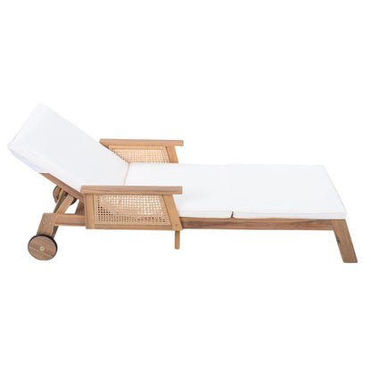 Christopher Knight Home Revia Chaise Lounge Outdoor with Wheel and Armrests, Acacia Wood Patio Chaise Lounge with Cushion, Adjustable Backrest Poolside Sun Lounger, Sunbathing Chair, Teak+Light Beige