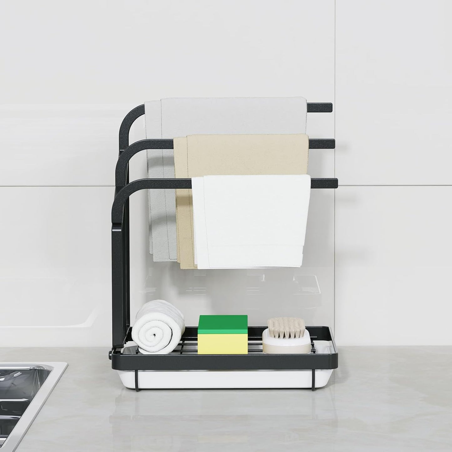 Apsan Sponge Holder with Drain Pan for Kitchen Sink, Kitchen Sink Caddy Organizer for Sponge Brush Soap Dish