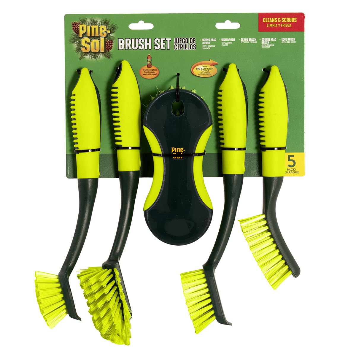 Pine-Sol Scrub Brush Set - Long Handle Cleaning Brushes with Heavy Duty Bristles and Comfort Grip - Scrubbers for Kitchen, Household, and Dishwashing, 5 Pieces