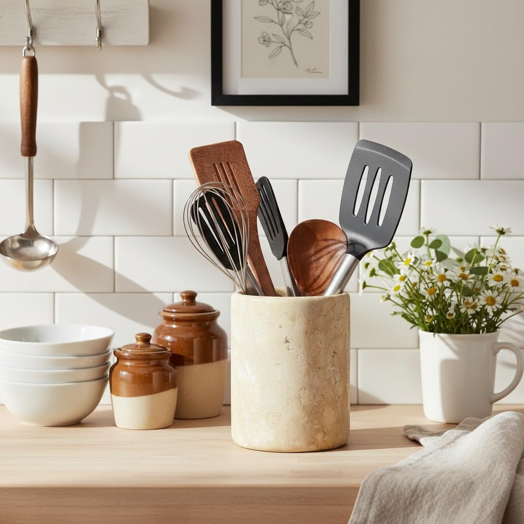 SPESHSTONES Marble Utensil Holder 6.5 Inch Travertine Utensil Caddy, Wooden Cooking Utensils Set & Spatula Organizer for Kitchen Counter Decor, Stone Crock for Spoon Holder & Farmhouse Decor