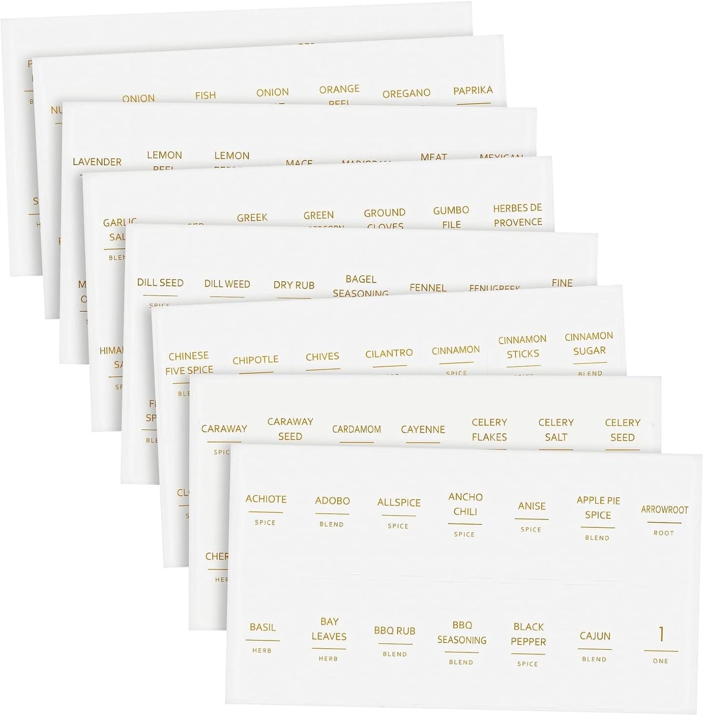 Talented Kitchen 140 Pack of Minimalist Spice Jar Labels, Preprinted Water Resistant Stickers (Gold Text)