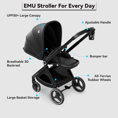 ELITTLE EMU Baby Stroller with Reversible Seat Full-Size Infant Stroller with Full Recline Cockpit Compact Foldable Toddler Carriage for Outdoor City - Black