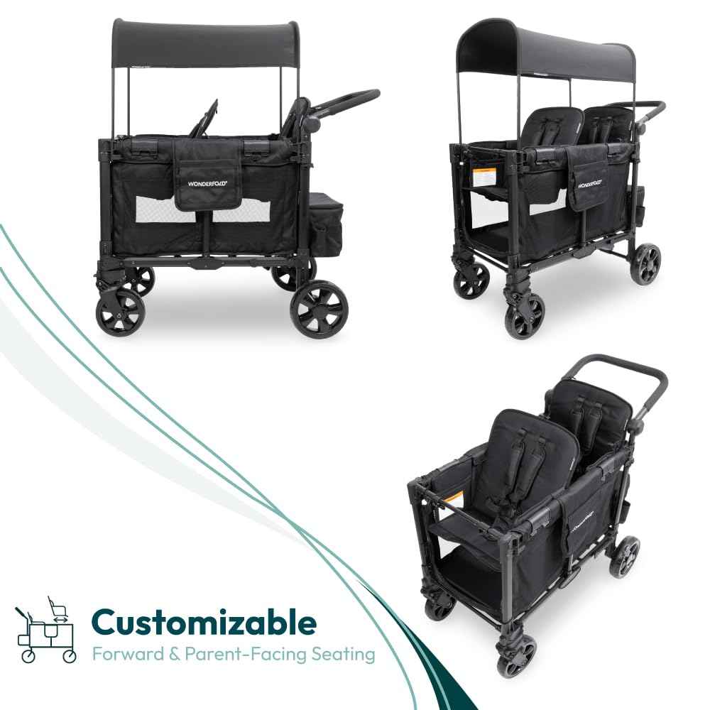 WonderFold W2 Elite Pro Stroller Wagon - Foldable Wagon with Aluminum Frame - Adjustable Canopy & Push Handle - All-Terrain Wheels - for Babies, Toddlers & Kids - 4 Seater - Jet Black