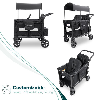 WonderFold W2 Elite Pro Stroller Wagon - Foldable Wagon with Aluminum Frame - Adjustable Canopy & Push Handle - All-Terrain Wheels - for Babies, Toddlers & Kids - 4 Seater - Gray