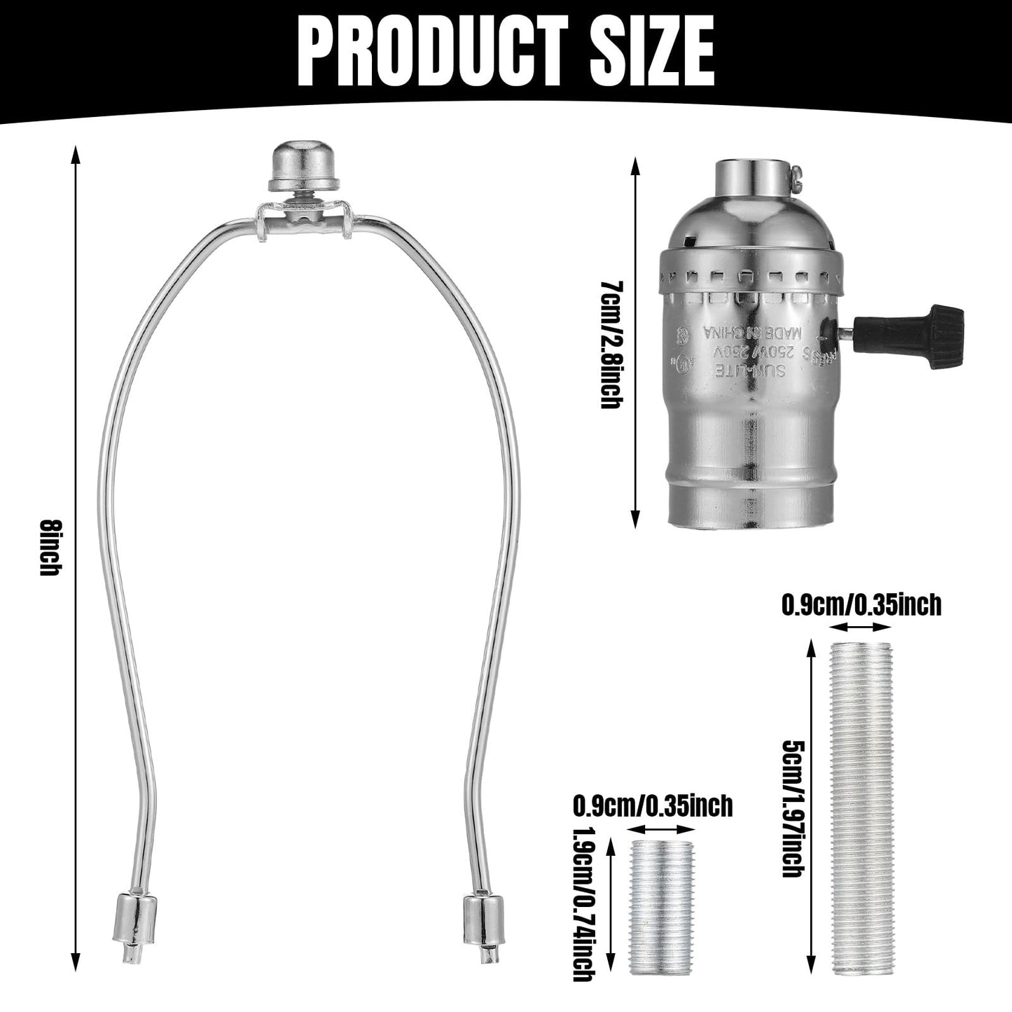 Baquler 2 Set Lamp Rewire Kit Make a Lamp or Repair Kit with 8'' Harp 12" Tube Pipe 3 Way Socket 8 ft Cord and All Hardware Parts for DIY Antique Table Centerpiece Design(Silver)