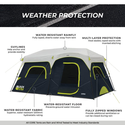 CORE Blackout 9 Person Instant Cabin Tent | Large Multi Room Family Pop Up Dark Room Tent for 2 Minute Camp Setup | Included Storage Pockets for Camping Accessories