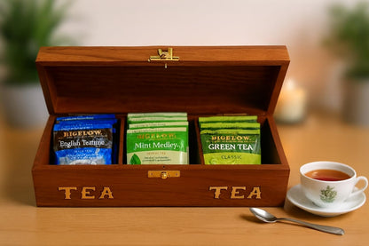 Handcrafted Rosewood Tea Box, 3-Compartment Tea Bag Organizer, Natural Wood Decorative Storage Chest with Brass Inlay, Artisan made in South Asia
