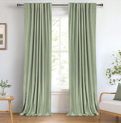 Skiennix 100% Blackout Linen Curtains - Thermal Insulated Drapes for Bedroom | 2 Panels Set, 50" W x 96" L, Sage