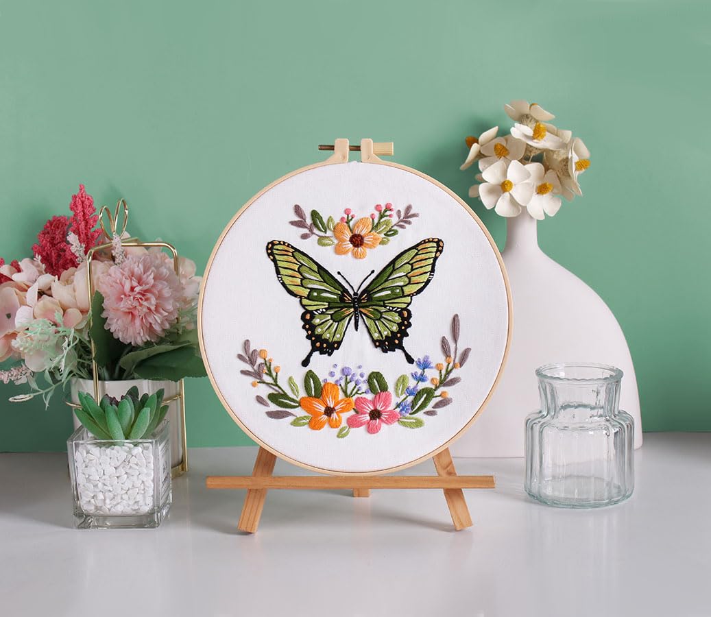 Mozzyyee 3 Sets Embroidery Starter Kit for Beginners Adults Include 3 Embroidery Clothes with Instructions Hoops Floss Thread Fabric Needles (Butterfly)