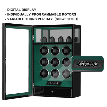 DUKWIN Watch Winder, Fingerprint Lock Automatic Watch Winder for 9 Watches with 4 Holders,300-2300 TPD,Digital Display, Remote Control,Jewelry Storage and Adjustable Watch Pillow and LED Light,Green