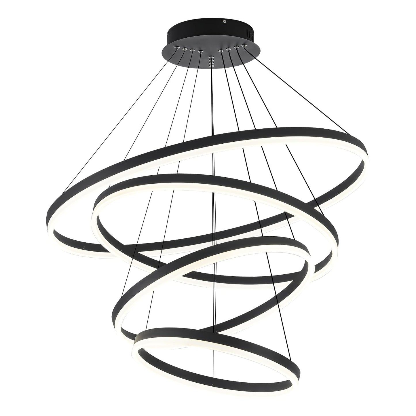 XGZL · LIGHTING 4-Rings Modern LED Chandelier Black Contemporary for Living Room, Dimmable Flush Mount High Ceiling Pendant Light with Remote Control for Staircase Dining Room(D31.5’’, 3000K-6500K)