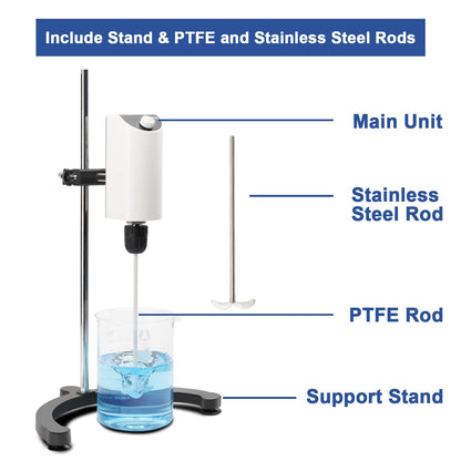 ONiLAB Lab Analog Overhead Stirrer, 10L Capacity, 100-2500rpm Adjustable Speed,Max.Viscosity 10000mpas, Lab Mixer with Overload Protection, Overhead Mixer with Support Stand&Two Stirring Rods,110-220V