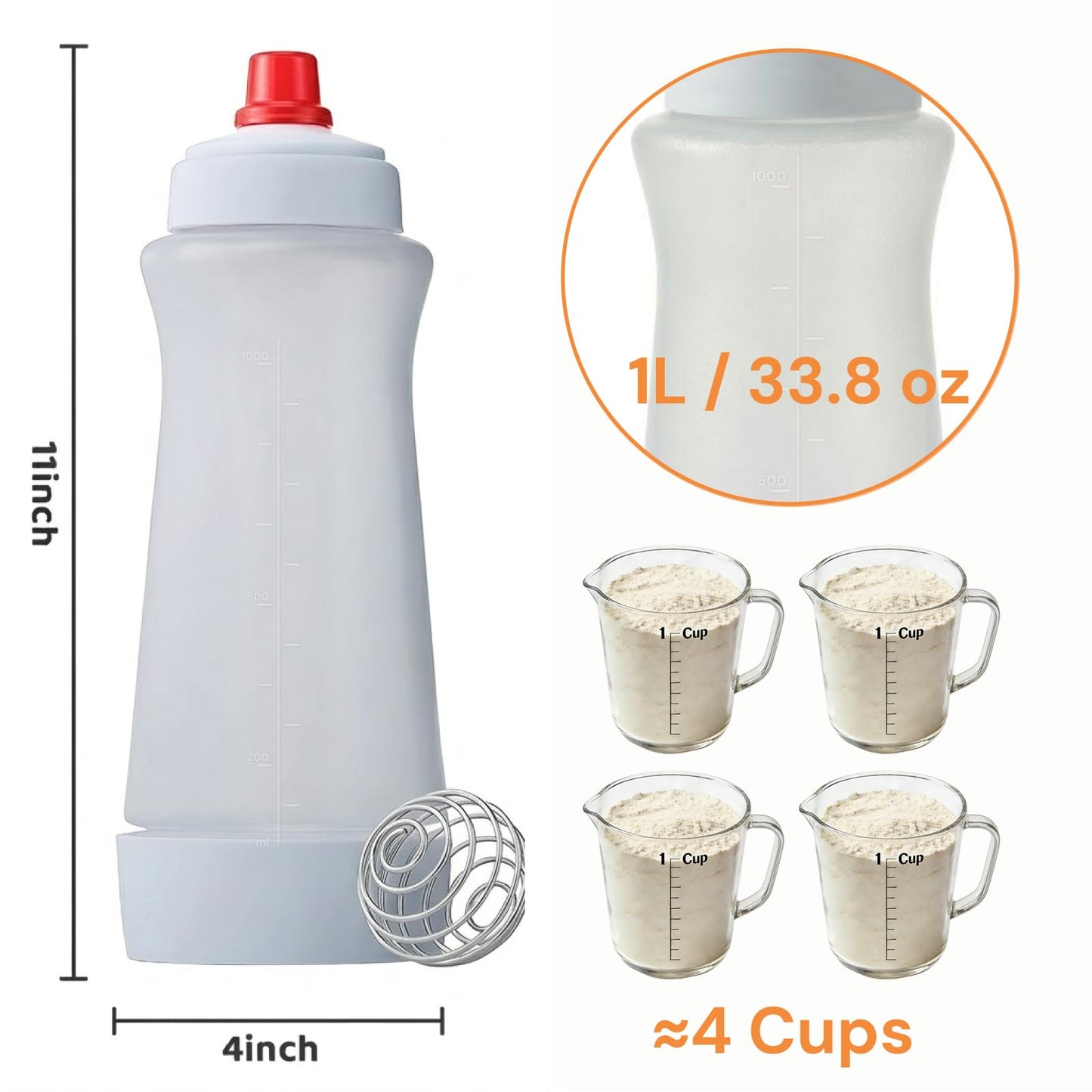 One Pack Pancake Batter Dispenser with BlenderBall and Wire Whisk, 33 Oz Silicone Squeeze Pancake Mix Dispenser, Kitchen Pancake Batter Dispenser Bottle for Waffle Cupcakes Muffins Crepes Qatayef