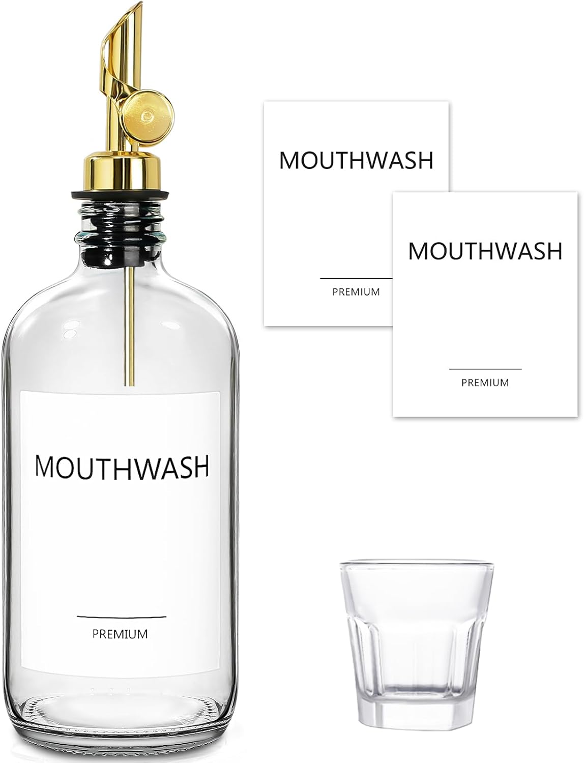 1 Pack, 17oz Mouthwash Dispenser for Bathroom, Glass Mouthwash Dispenser with Cup, Mouth Wash Container Bottle