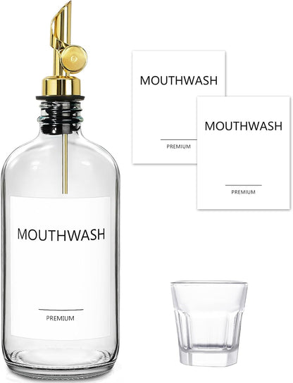 1 Pack, 17oz Mouthwash Dispenser for Bathroom, Glass Mouthwash Dispenser with Cup, Mouth Wash Container Bottle