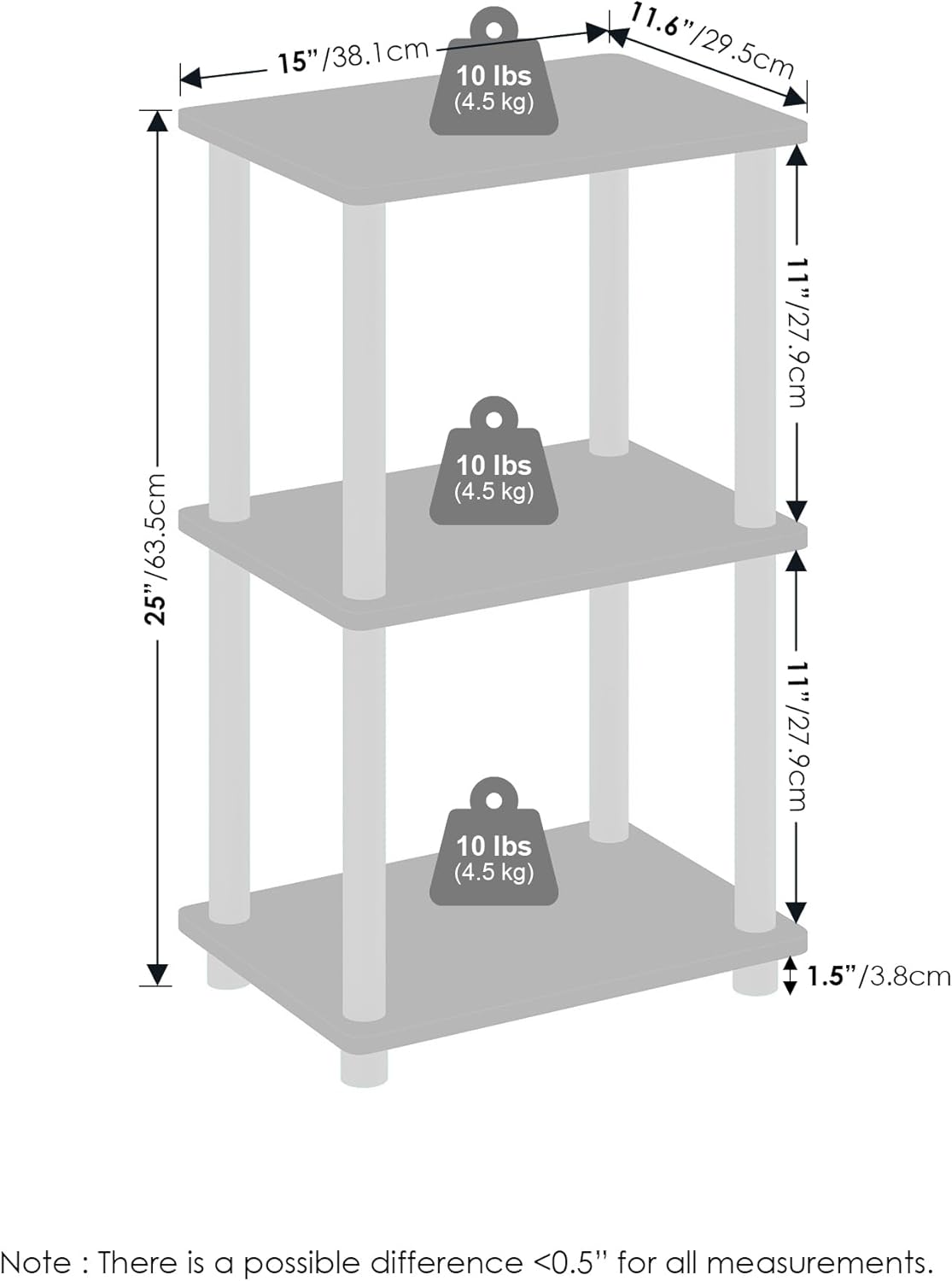 2-Tier Furinno Turn-N-Tube Side Table, End Table with Open Shelf, Easy Assembly Night Stand, Bedside Table with Round