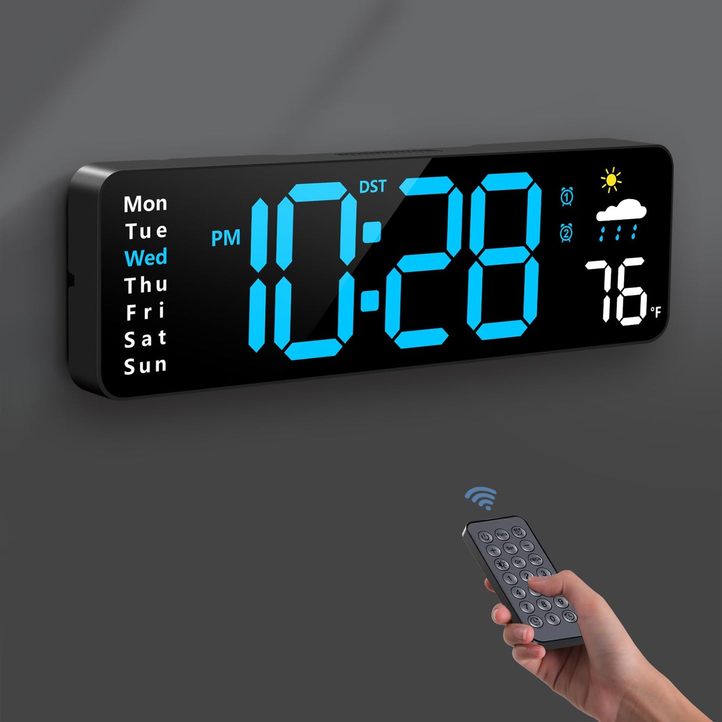 Digital Wall Clock, Digital Clock Large Display with Remote Control, Corded LED Alarm Clocks with Date, Week, Temp, Humidity, Auto DST, Countdown, for Living Room Bedroom Classroom Office (Blue)
