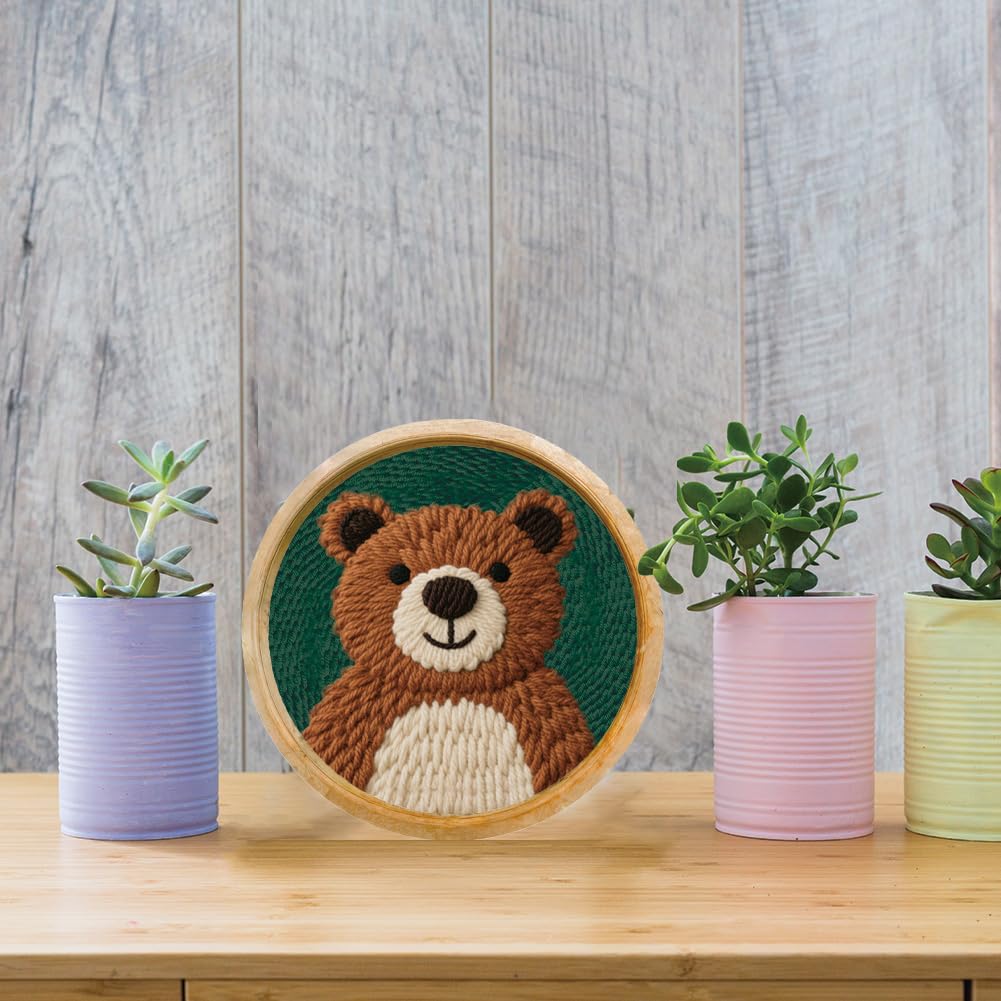 FREEBLOSS DIY Punch Needle Kits for Beginners Cartoon Bear Punch Needle Starter Craft Set with Hoop and Instruction Embroidery Set for Adults Festival Gift and Decoration 7.9''/20cm
