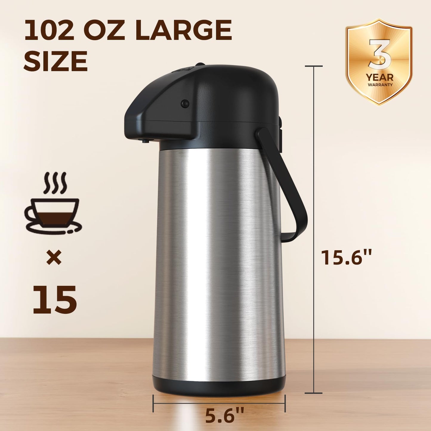 Coffee Carafe for Keeping Hot - Gezoss 102OZ / 3L Airpot Coffee Dispenser with Pump - Large Coffee Carafe for Hot Drinks Tea Liquid - Insulated Stainless Steel Hot Water Beverage Urn for Parties