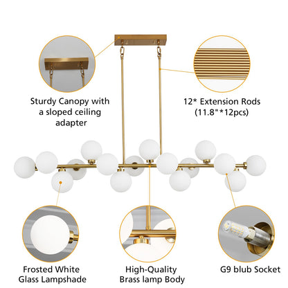 Besytal 55" Brass Linear Chandelier, 16 Lights Mid Century Modern Sputnik Chandelier, Large Pendant Lights Kitchen Island with White Glass Lampshade, Bubble Chandelier for Kitchen Over Table - Gold