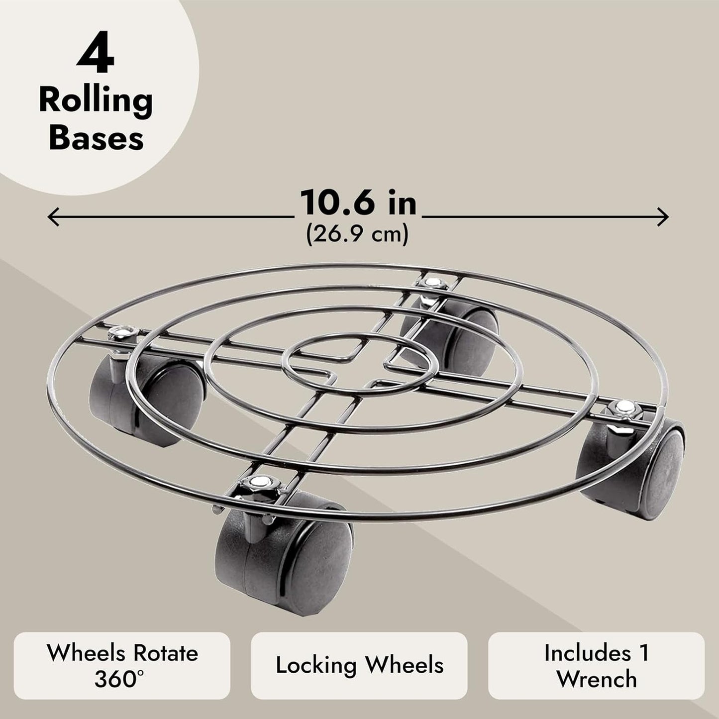 10.6 Pack 4, 360-Degree Bright Creations Plant Stand with Wheels - in Diameter, Black, of Modern - Metal Rolling Plant