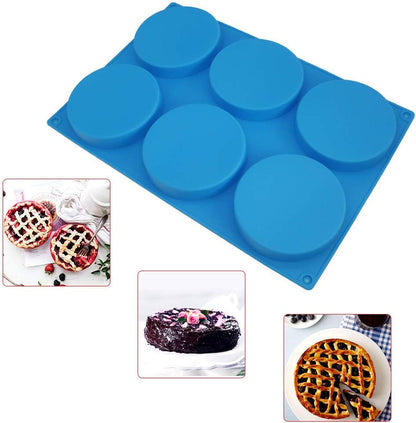 6-Cavity Large Silicone Cake Molds - Non-Stick Round Disc Mousse Cake Pan, French Dessert, Candy, Soap (Blue)