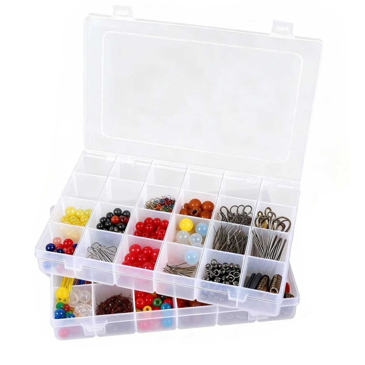 Megoogo 2pack 24 Grid Clear Plastic Bead Organizer Box with Adjustable Dividers, Bead Organizers and Storage Container Box with 2 Label Sticker for Craft Buttons Fishing Tackles Tools Hair Accessories