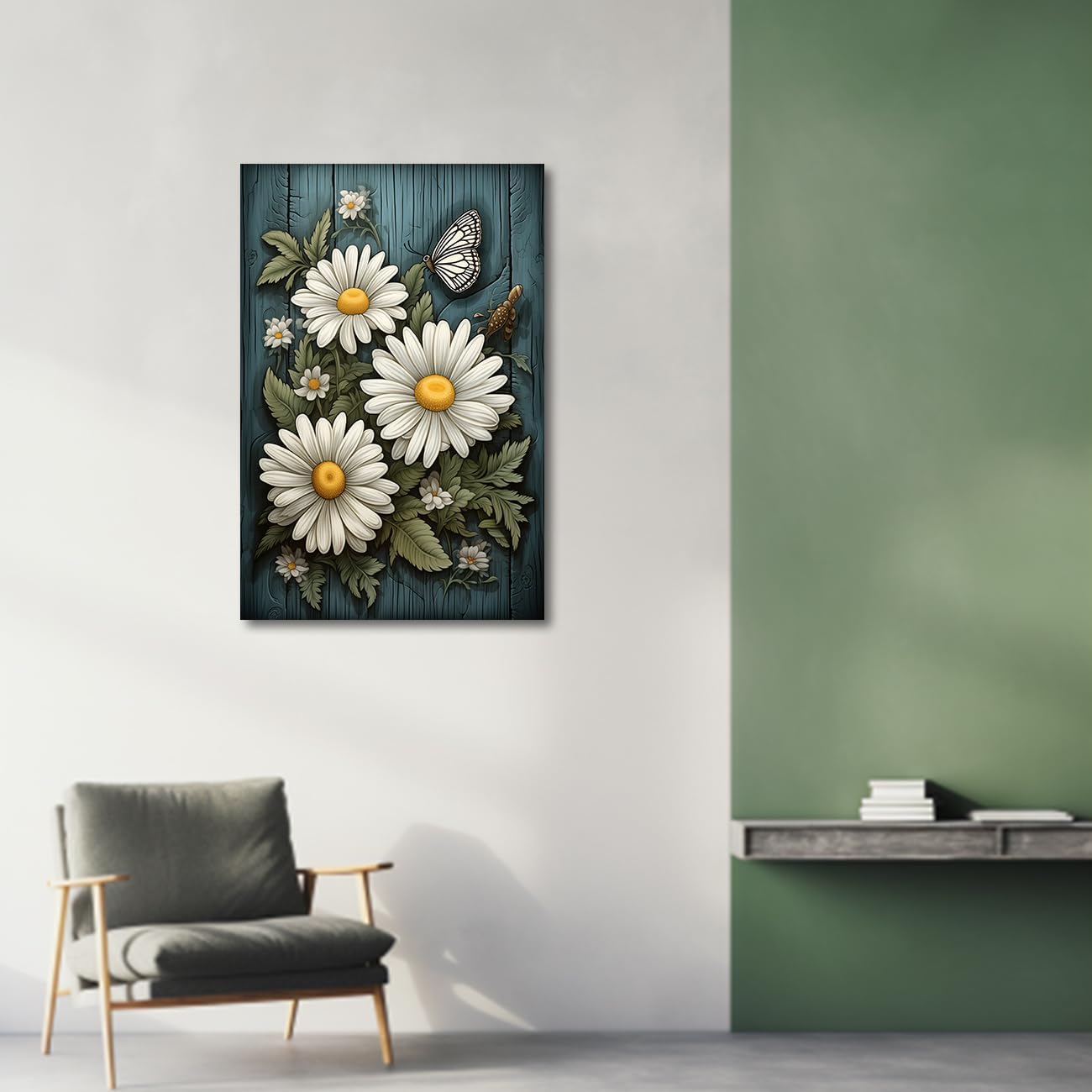 CXHOSTENT Farmhouse Flowers Canvas Wall Art, Daisy Flower Butterfly on Rustic Wood Background Painting