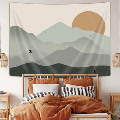 Ptrxobj Small Sage Green Mountain Tapestry Boho Abstract Sun Landscape Wall Hanging Art 60 x 40 inch