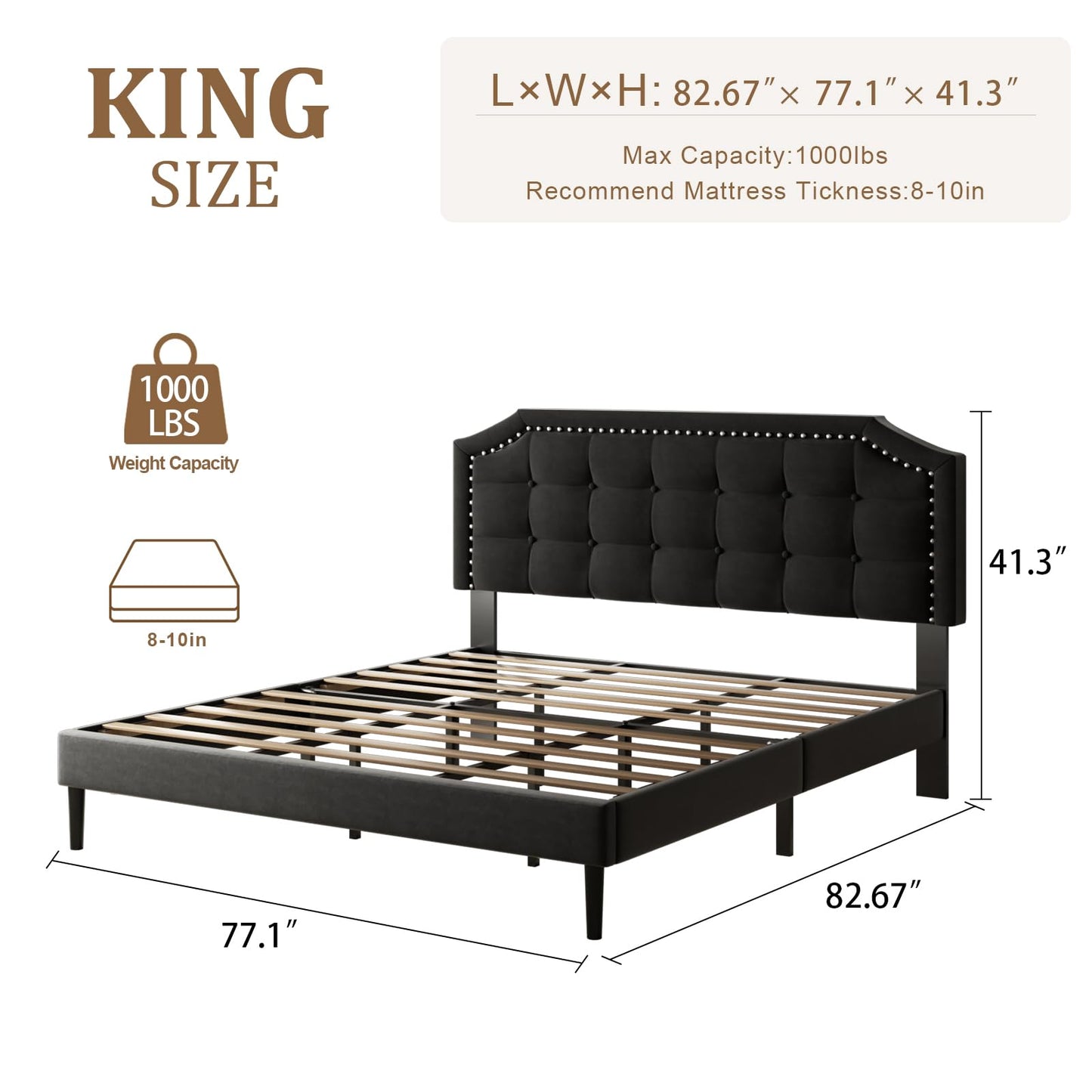 HAOARA King Size Bed Frame, King Size Platform Bed Frame with Upholstered Button Tufted Headboard, Strong Wood Slats, No Box Spring Needed, Mattress Foundation, Easy Assembly Black