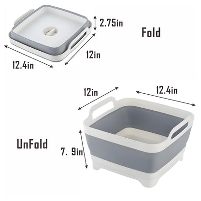 Collapsible Dish Basin with Drain Plug, 9L 2.4 Gallon Portable Wash Basin Dishpan Space Saving Dish Washing Tub Foldable Sink Tub Kitchen Storage Tray Grey
