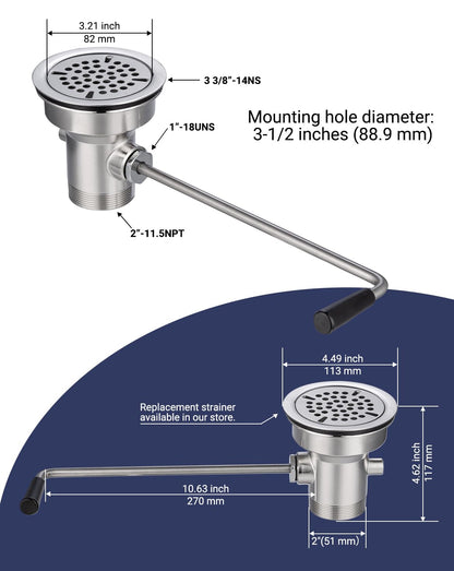 Sepaitek 3-1/2" Commercial Sink Drain with Twist Lever Handle, Waste Drain Valve Without Overflow Inlet for Restaurant 2/3 Compartment Sink, Easy Controll, Block-Free and Leakproof