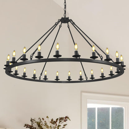 RWOGNLO 54" Black Large Wagon Wheel Chandelier, Farmhouse Round Chandeliers for Dining Room, 24-Light Modern Living Room Chandeliers Ceiling Fixtures for Bedroom, Foyer, Entryway, Staircase, Kitchen