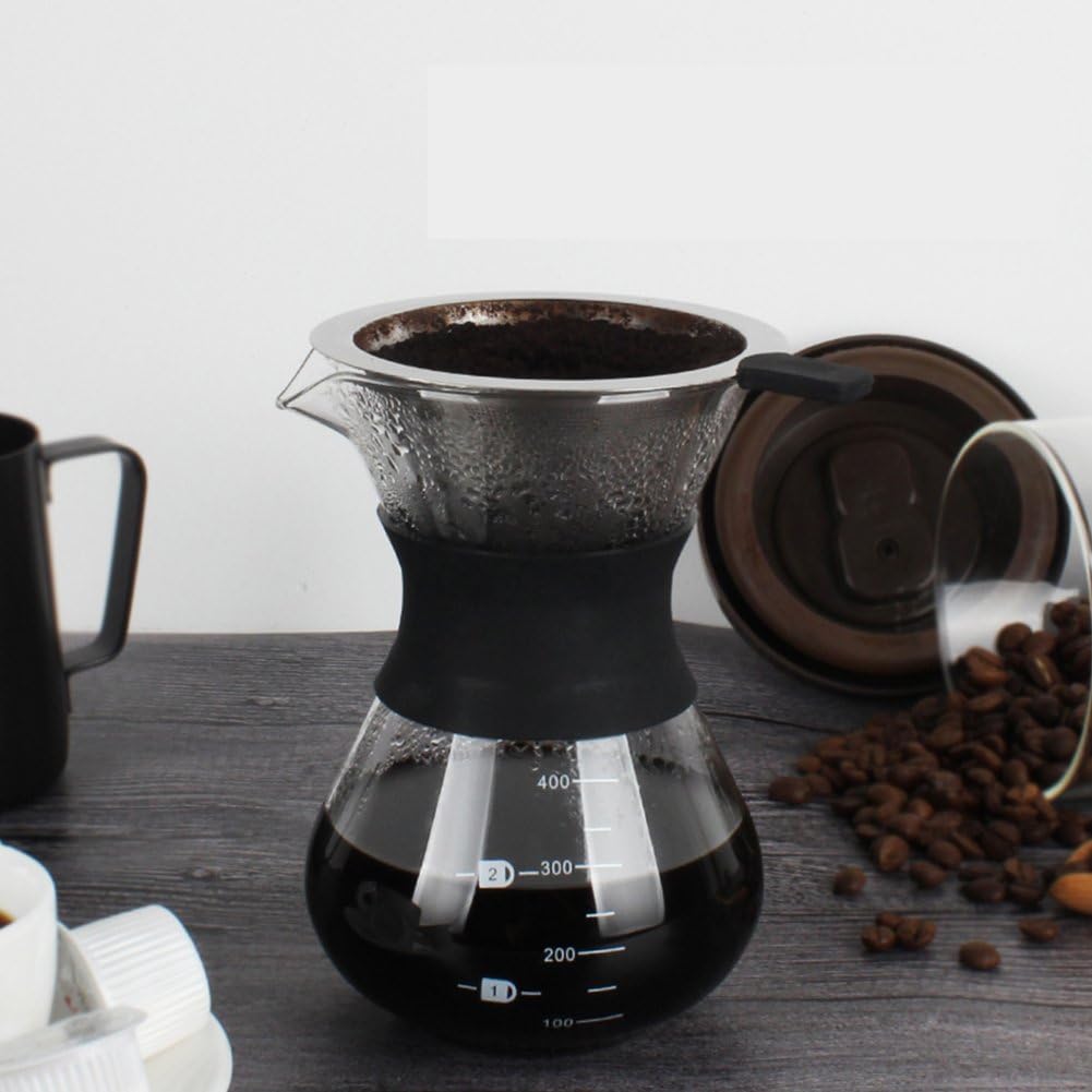 Zopsc 400ml Manual Hand Drip Glass Coffee Maker Pot with Stainless Steel Filter, Tick Marks, Fine Mesh, Suitable for
