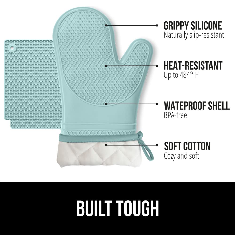 GORILLA GRIP BPA-Free Soft Silicone Oven Mitts and Pot Holders Sets, Heat Resistant Waterproof Cooking Gloves, Thick Cotton Lining, Flexible Gripping for Baking Grilling, Kitchen Trivets, Turquoise