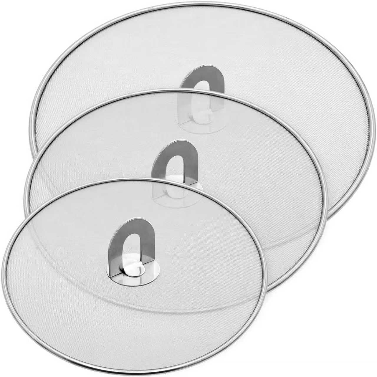 PLACHIDAY Splatter Screen for Cooking - Stainless Steel Grease Splatter Guard for Frying Pan with Foldable Knob, As a Strainer Set of 3(10", 11.5", 13"), Dishwasher Safe