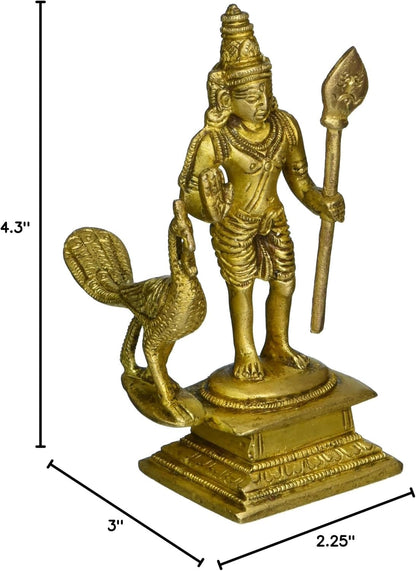 God Murugan Swami Miniature Brass Statue with Peacock, Handcrafted Decor Item for Home, Temple, Gifting, 2.25 x 3 x 4.3
