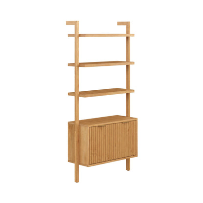 Nathan James Jasper 3-Shelf Solid Wood Boho Bookshelf, Wall Mounted Bookshelf with Cabinet with Fluted Doors, Natural Brown