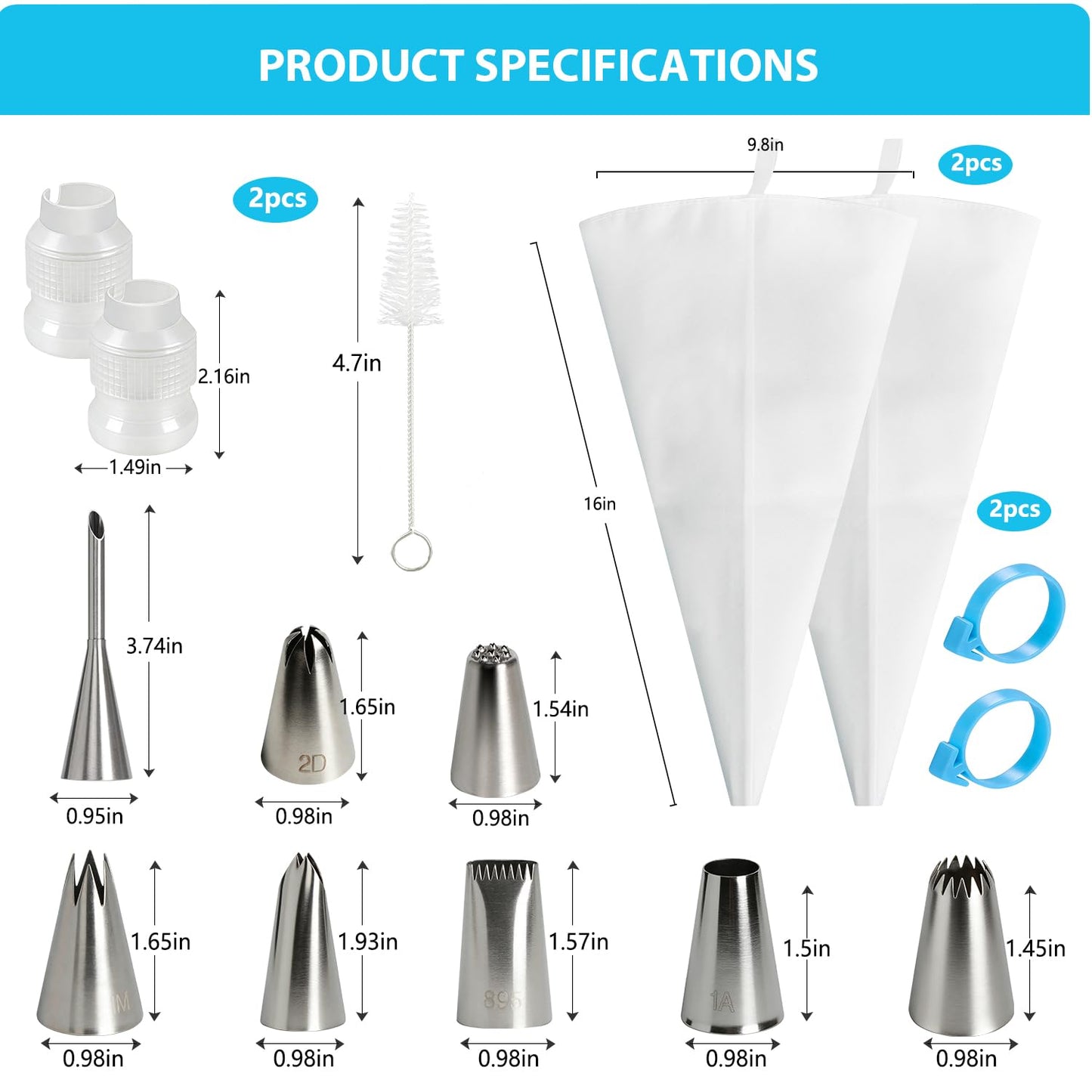 Reusable Cotton Piping Bags and Tips Set -Two 16inch Pastry Bags with 8pcs Large Stainless Icing Tips for Cake Decorating, Cupcakes, Cookies. Baking Kit for Home Bakers & Chefs