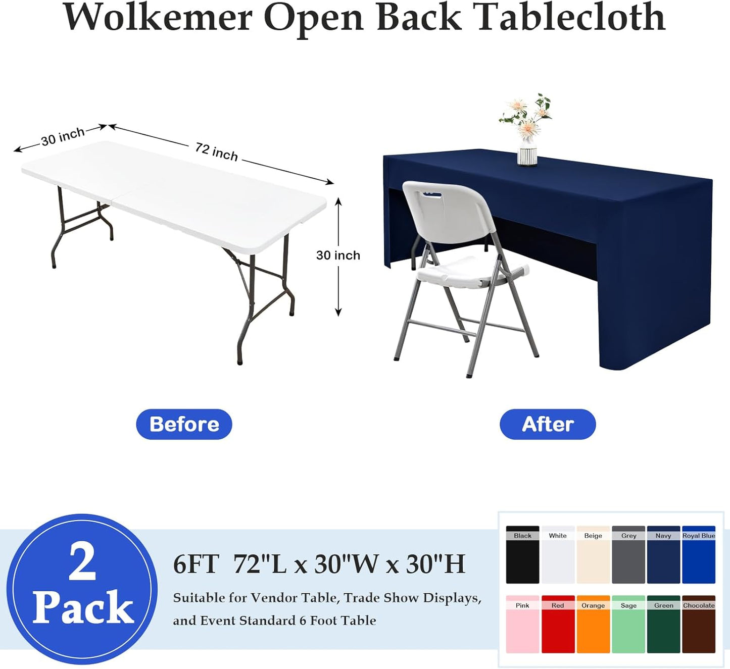 2 Pack 6ft (72x30 Inch), 3-Sided Wolkemer Open Back Fitted Tablecloth Rectangle Vendor Table Cloth Washable Navy Fabric