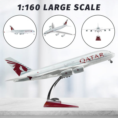 Lose Fun Park 1:160 Scale Large Model Airplane Qatar A380 Plane Models Diecast Airplanes with LED Light for Collection or Gift
