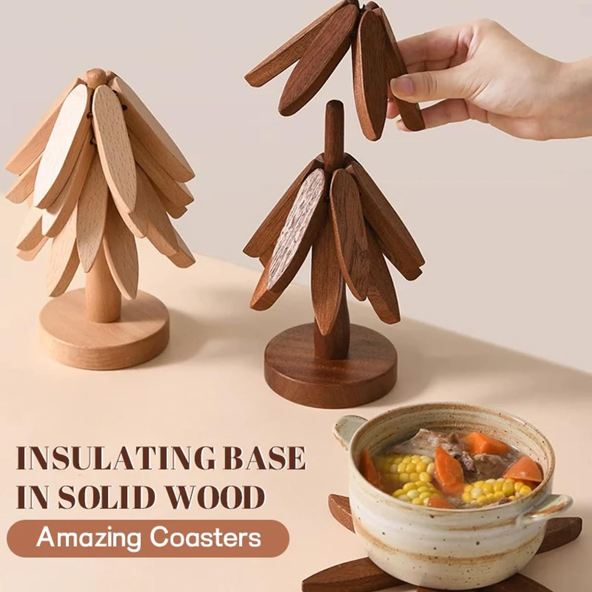 Wooden Trivets for Hot Dishes, Tree Shape Trivet Set, 5 Walnut Wood + 1 Stand stored Like a Christmas Tree,Foldable Kitchen Wooden Trivet,for Hot Dishes、Pot、Bowl、Teapot、Hot Pot Holder(Walnut Wood)