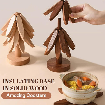 Wooden Trivets for Hot Dishes, Tree Shape Trivet Set, 5 Walnut Wood + 1 Stand stored Like a Christmas Tree,Foldable Kitchen Wooden Trivet,for Hot Dishes、Pot、Bowl、Teapot、Hot Pot Holder(Walnut Wood)