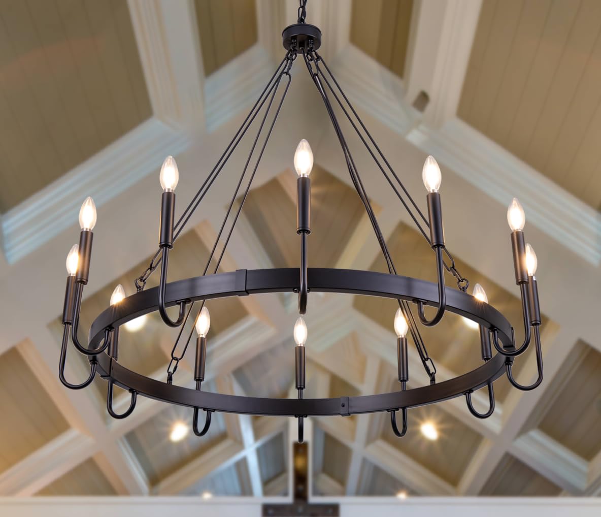 Wellmet Matte Black Wagon Wheel Chandelier, 12-Light Large Black Chandelier for High Ceiling, Industrial Wagon Wheel Pendant Light for Dining Room, Entryway, Hallway, Living Room, 39.37Inch Dia
