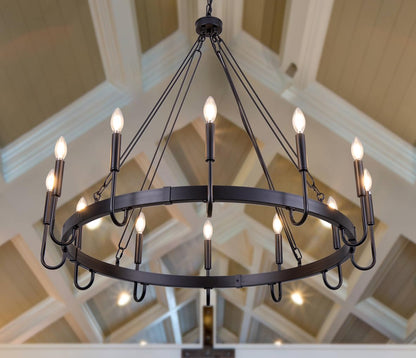 Wellmet Matte Black Wagon Wheel Chandelier, 12-Light Large Black Chandelier for High Ceiling, Industrial Wagon Wheel Pendant Light for Dining Room, Entryway, Hallway, Living Room, 39.37Inch Dia