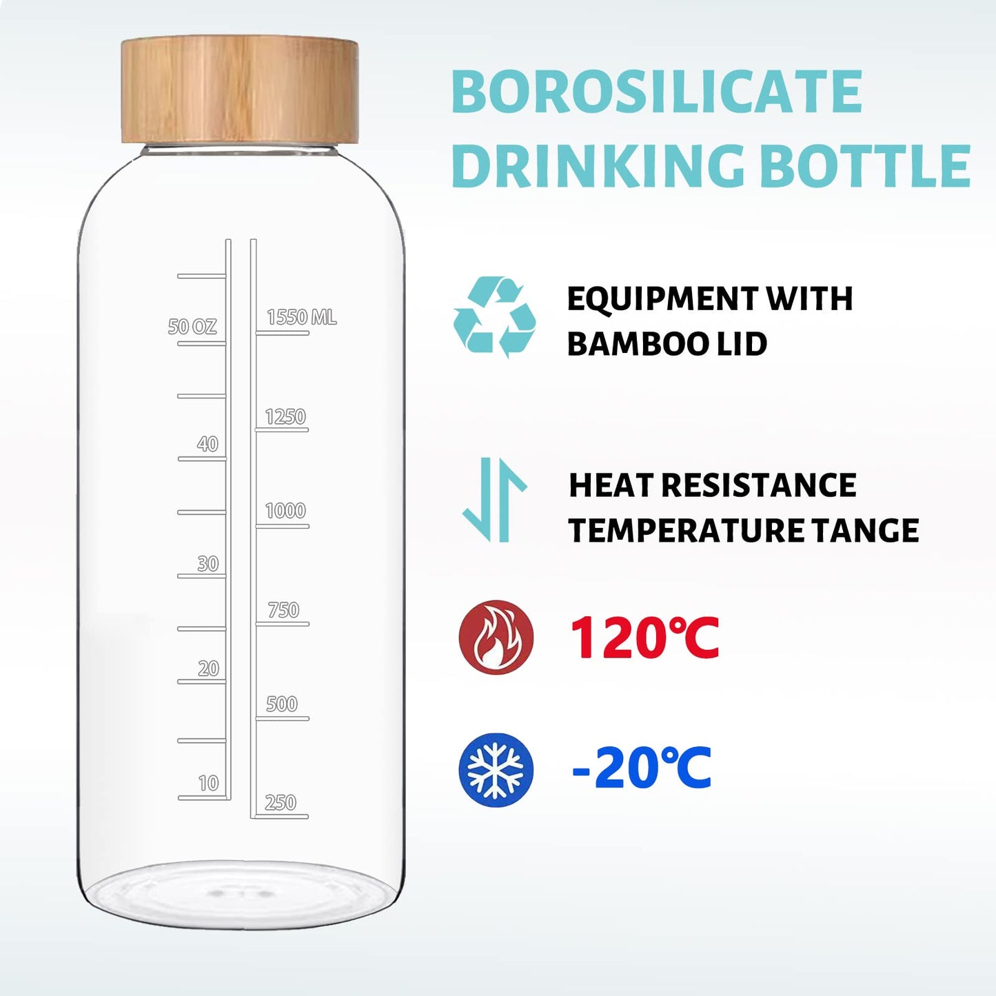 RNCKUUE Glass Water Bottles 64 OZ - Large Borosilicate Reusable Glass Drinking Bottle, Wide Mouth With Bamboo Lid