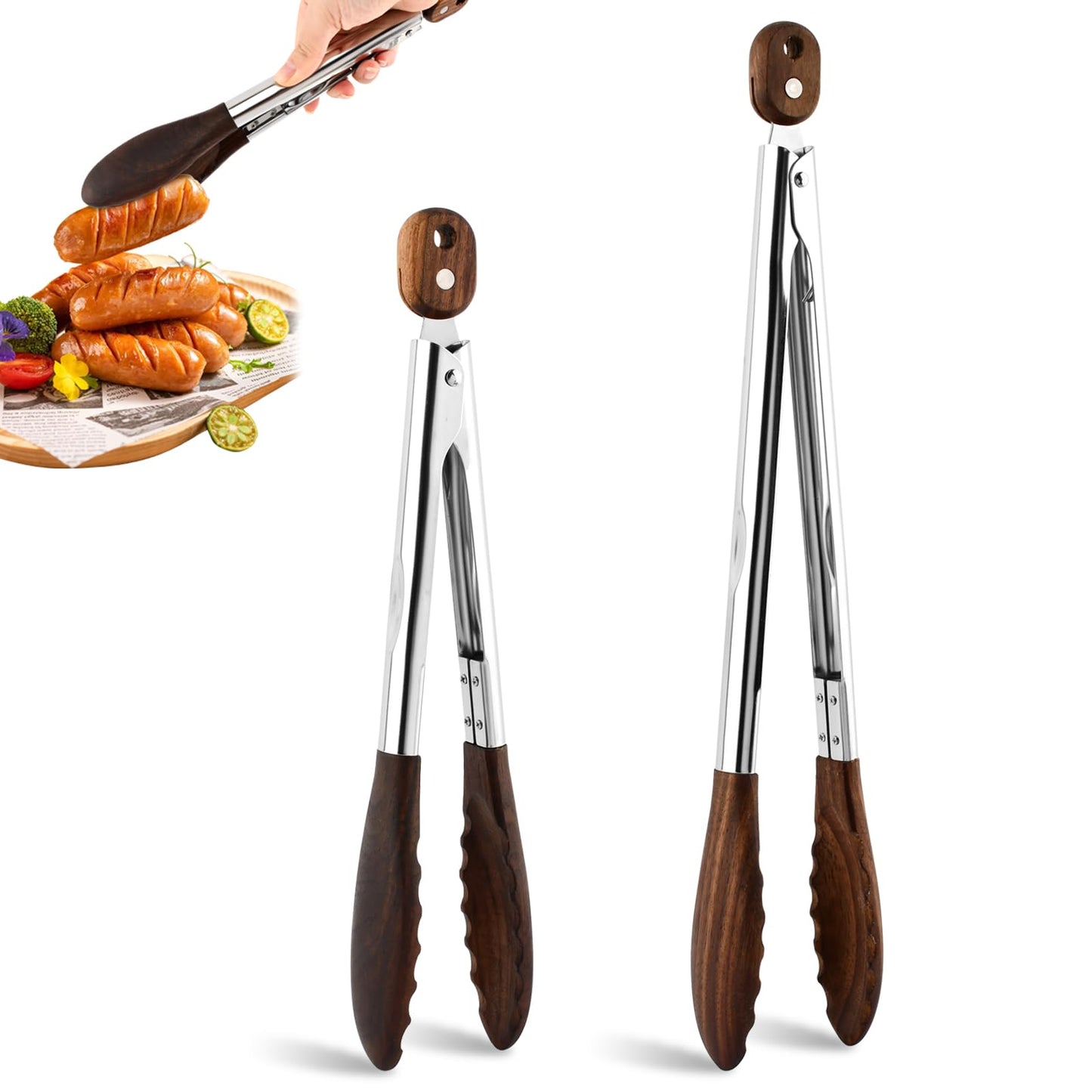 2 Pcs Wooden Tongs for Cooking & Serving Food, 12 & 15 Inch Stainless Steel Kitchen Salad Tongs with Walnut Wood Tip, Cooking Utensils Set for Salad BBQ and Serving Food