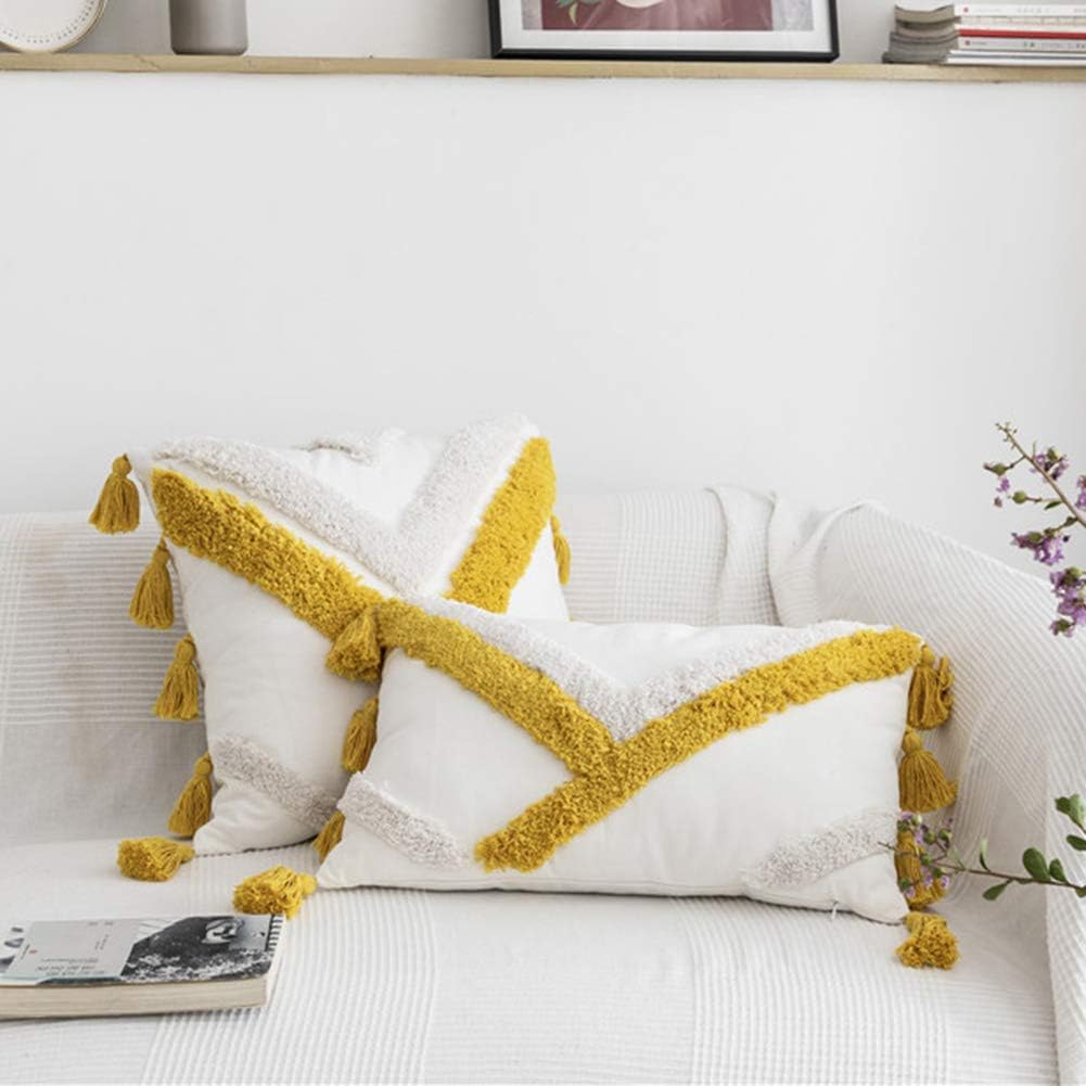 vctops 18x18 Inch Geometric Embroidery Tufted Throw Pillow Covers - Cotton Canvas Woven Cushion Covers (Mustard Yellow)