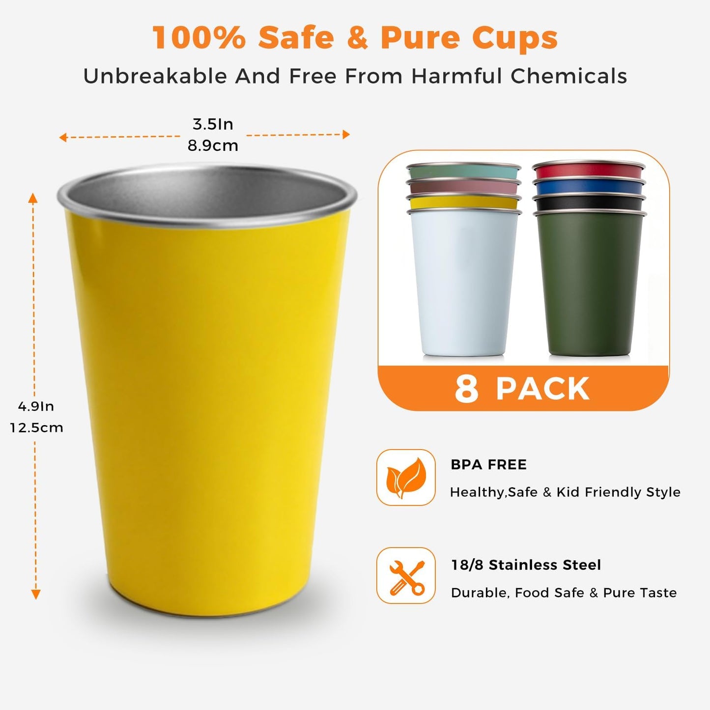 HAMIZHONGTAI 8 Pack Stainless Steel Cups 16oz - Colorful Stackable Shatterproof Metal Cups & stainless steel tumbler, Reusable BPA-Free Metal Drinking Cups for Camping, Travel, Outdoors